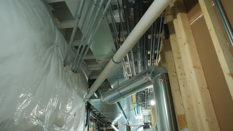 Mounted HVAC system air conditioner return and heating system in basement home. Move wide shot in basement. High quality 4k footage
